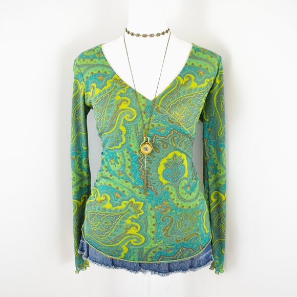 VTG 00s Y2K Weston Wear Green Floral Paisley Sheer Mesh V-Neck Wrap Top Sz S - Picture 1 of 7